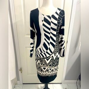 Michael Tyler Black & White Abstract Patterned Long Sleeve Sheath Dress  Size M